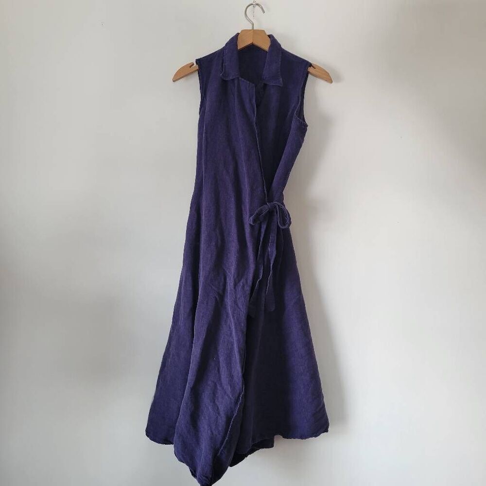 Handmade Linen Blend Wrap Dress Purple/Blue Indigo Sleeveless Midi Tie Waist Cot